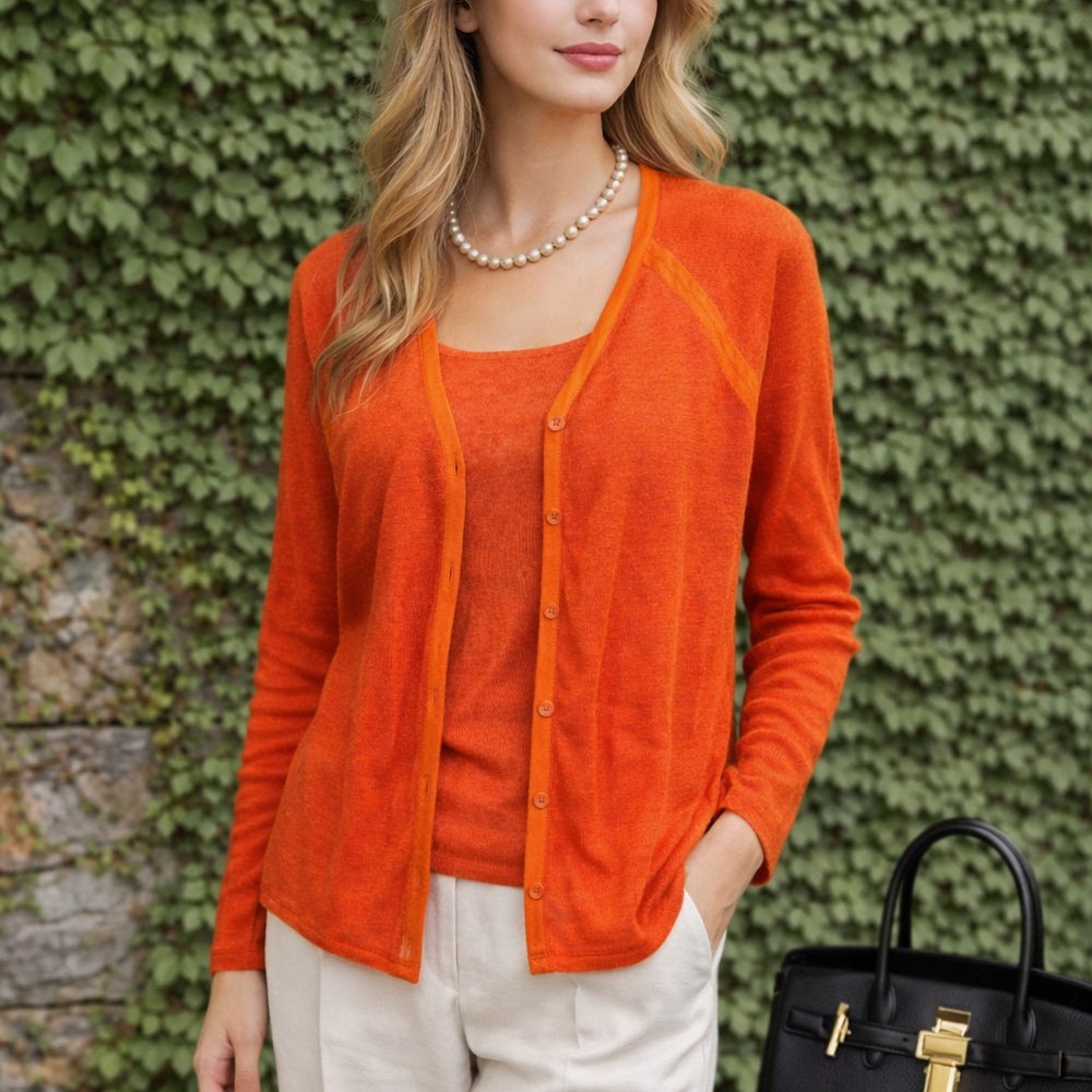 LAFAYETTE 148 NEW YORK Vibrant Linen Blend Orange Knit Set, M